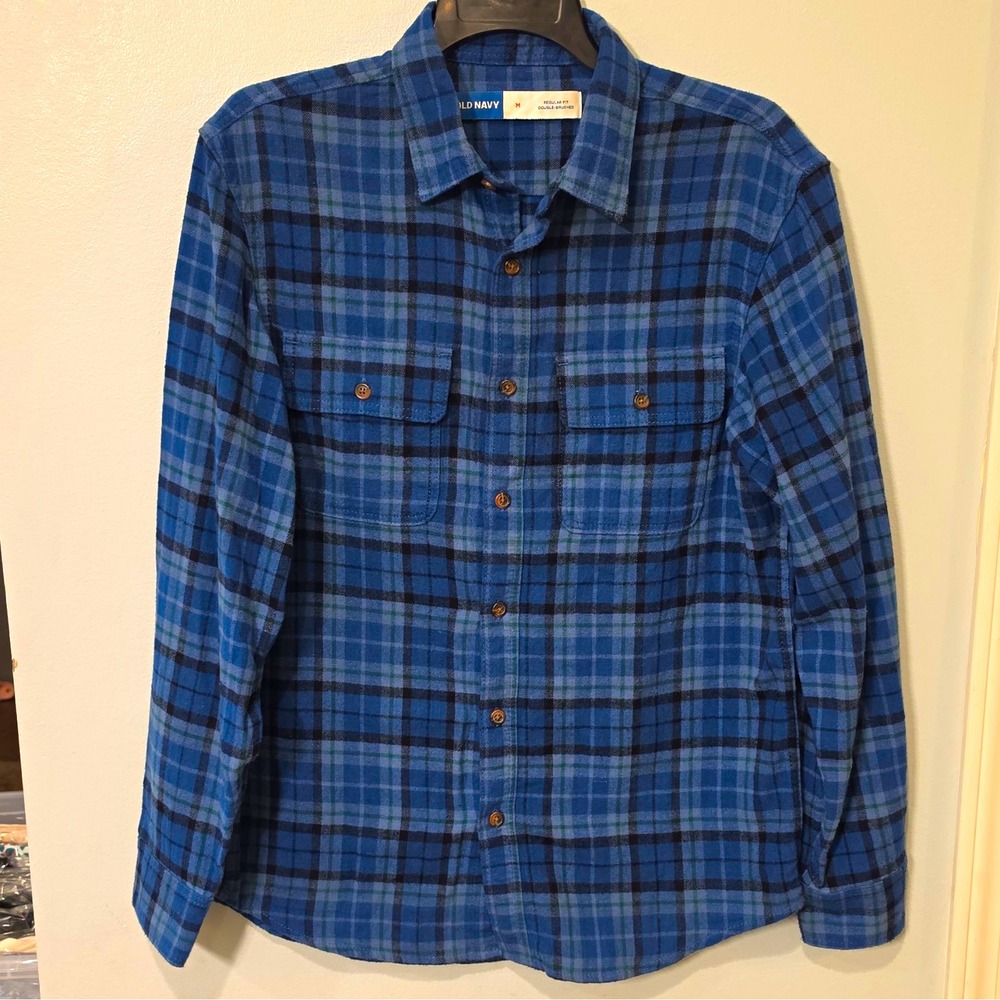 Old Navy Men's Plaid Cotton Flannel Long Sleeve Button-Up Pockets M Blue #120